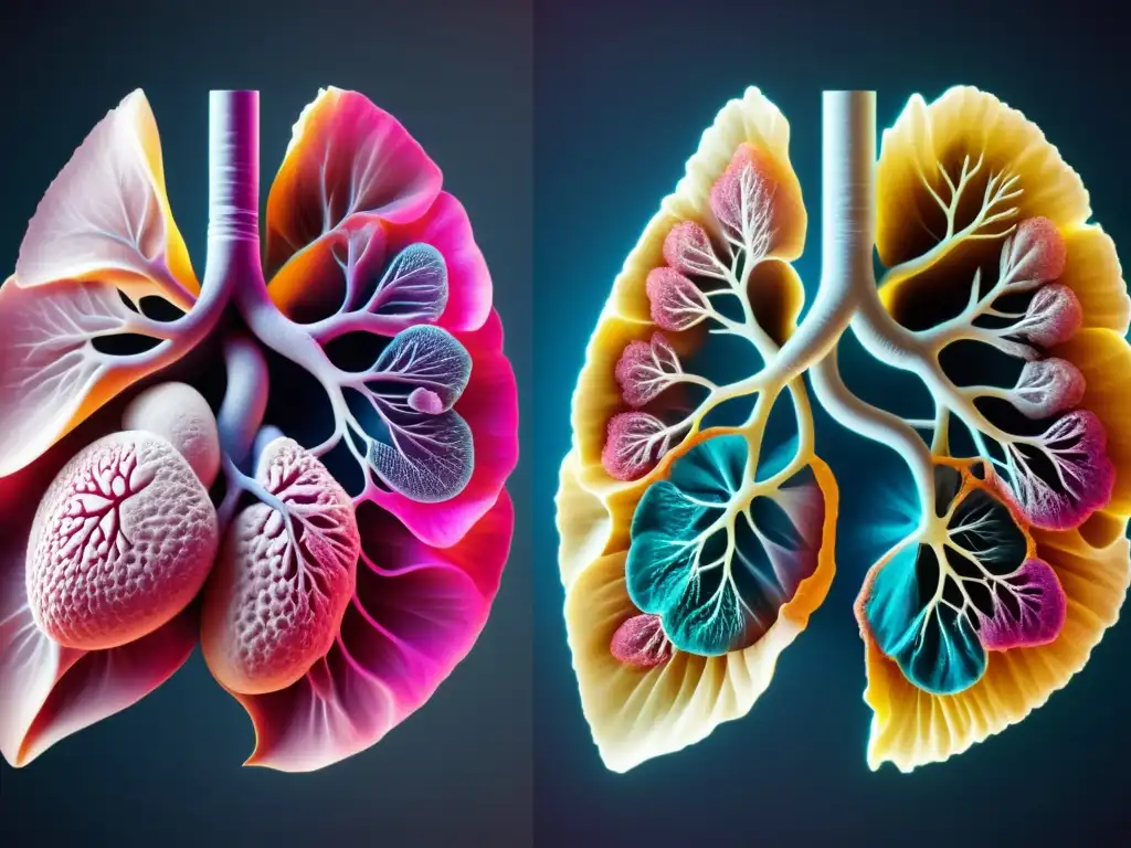 Comparación visual detallada entre pulmones sanos y envejecidos, mostrando diferencias en color, textura y salud