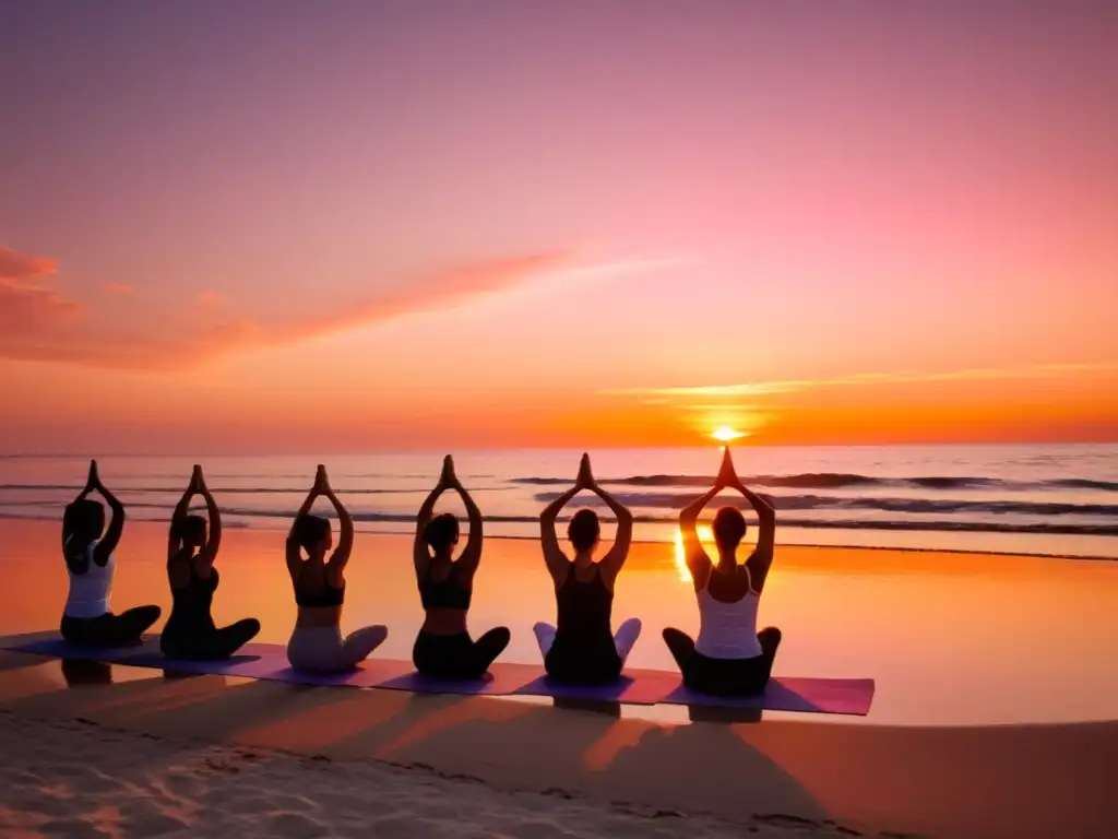 Práctica de yoga al atardecer en la playa, reflejos coloridos en el agua