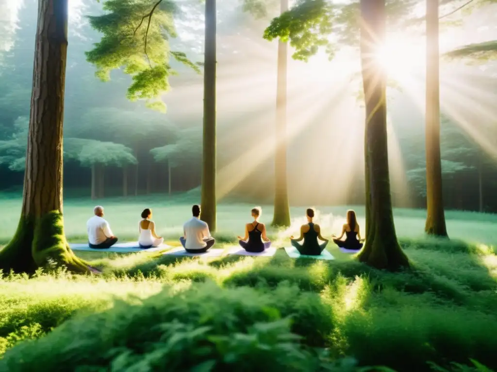 Práctica de yoga en un bosque exuberante, con una atmósfera de serenidad y equilibrio