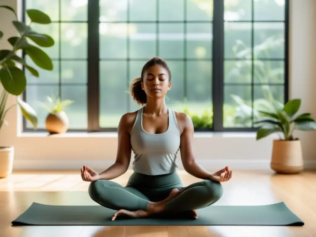 Práctica de yoga en un estudio luminoso, transmitiendo calma y relajación