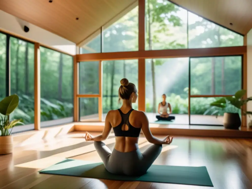 Práctica de yoga en un estudio moderno y sereno con vistas a un bosque verde exuberante, emanando tranquilidad y mindfulness