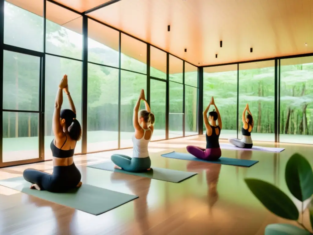 Práctica de yoga en un estudio moderno con vista a un bosque, transmitiendo serenidad y respiración consciente en la práctica de Yoga