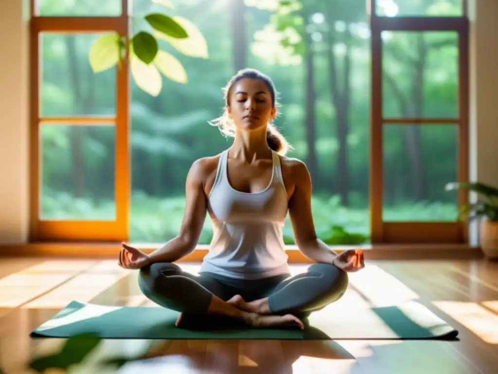 Práctica de yoga en un estudio tranquilo con vista a un bosque