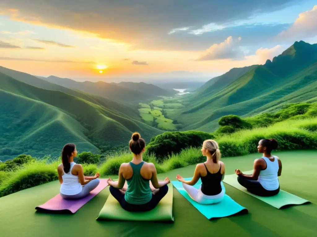 Práctica de yoga al amanecer en la montaña, evocando serenidad y conexión con la naturaleza para el bienestar holístico