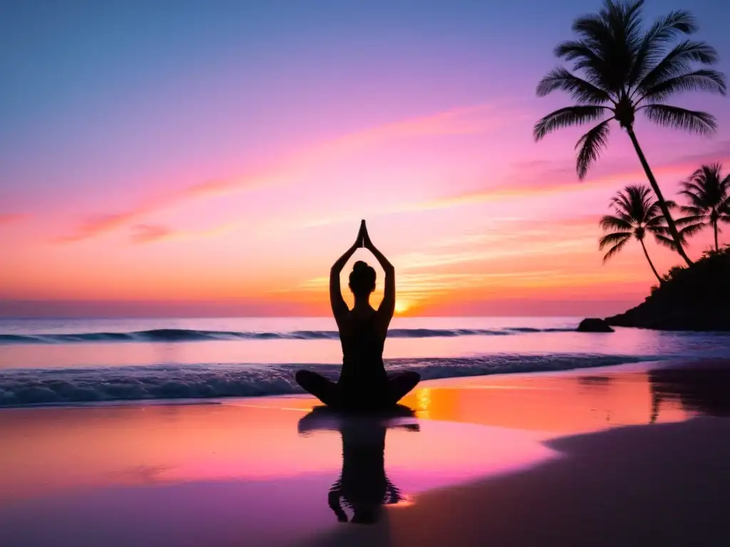 Práctica de yoga al amanecer en una playa tranquila, con el sol dorado reflejándose en el océano