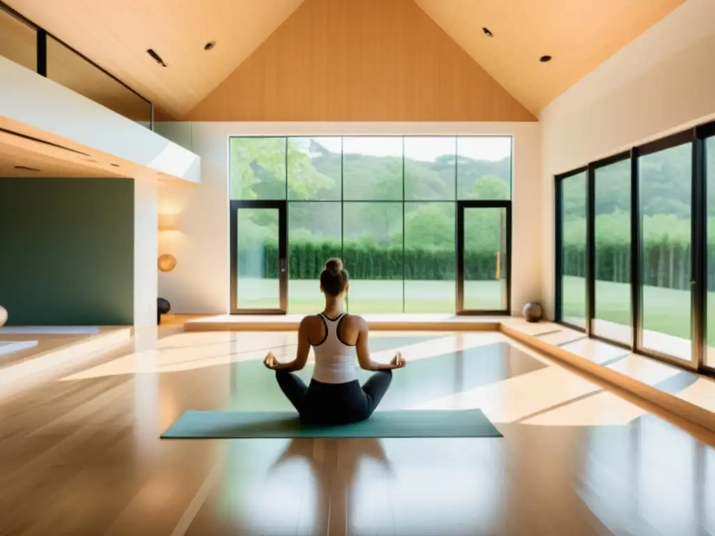 Práctica de Yoga con respiración consciente en un estudio sereno y moderno con vistas a un paisaje verde exuberante