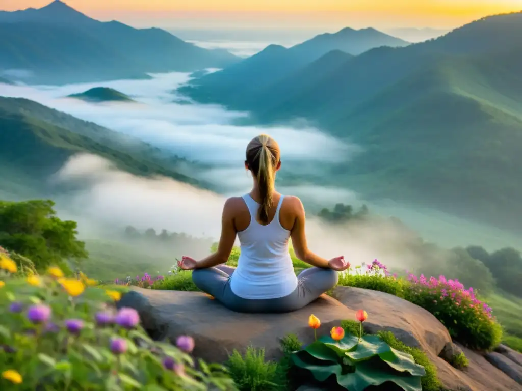 Un yogui practica pranayama al amanecer en la cima de una montaña neblinosa, irradiando calma