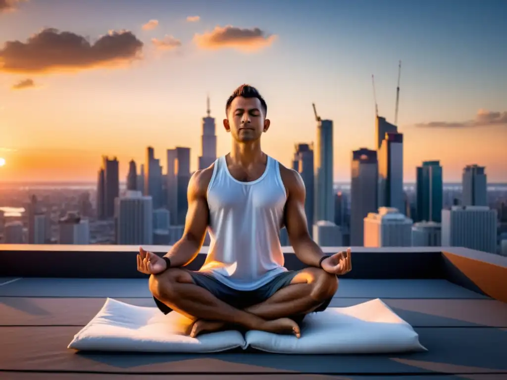 Un yogui moderno en posición de loto en una azotea, practicando ejercicios de respiración profunda mientras el sol se pone sobre el paisaje urbano